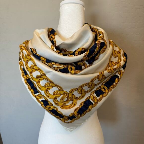 Chanel 100% Silk Scarf – Interlocking CC Logo – 34” x 34” – Neutrals - Picture 5 of 9